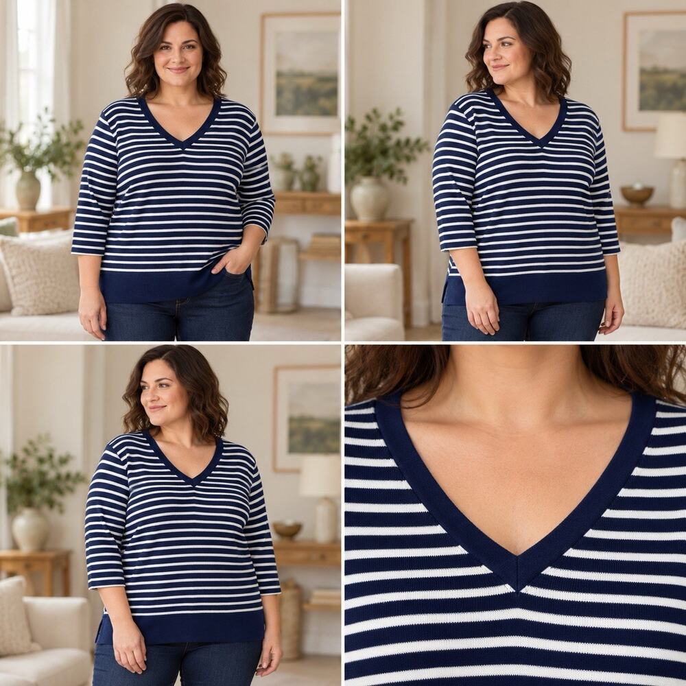 Lands End Sweater Womens XL Petite 18 Navy White Striped V Neck 3/4 Sleeve